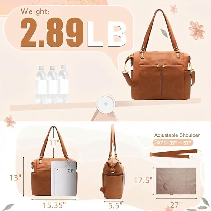 MOMINSIDE Diaper Bag Tote, 4 in 1 Leather Diaper Bag Backpack with 13 Pockets, Convertible Baby Bag for Boys Girls,Diaper Bags Baby Registry, Changing Pad, 4 Large Insulated Pockets(Brown)
