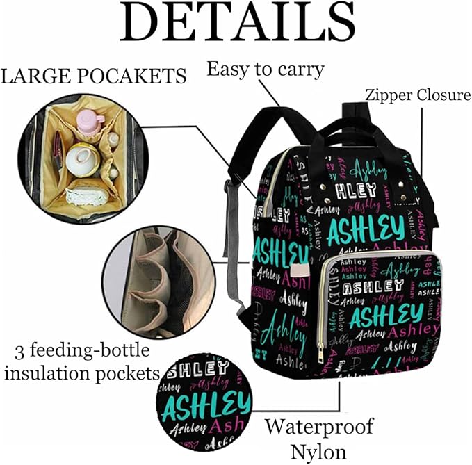 Artsadd Personalized Diaper Bag with Name, Customized Purple Glitter Monogram Nappy Backpack with Thermal Pockets Multi-function Baby Bags Handbag Shoulder Bag for Girls Boys
