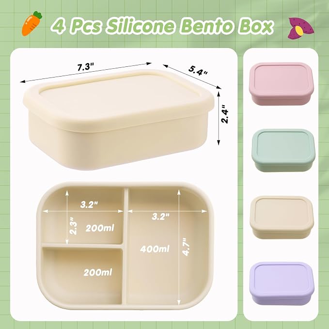 Layhit 4 Pcs Silicone Bento Box for Adults, 27 oz Bento Lunch Container Reusable Food Container for Women Men, Leak Proof Microwave Dishwasher Freezer Safe (3 Compartments,Desaturated Colors)