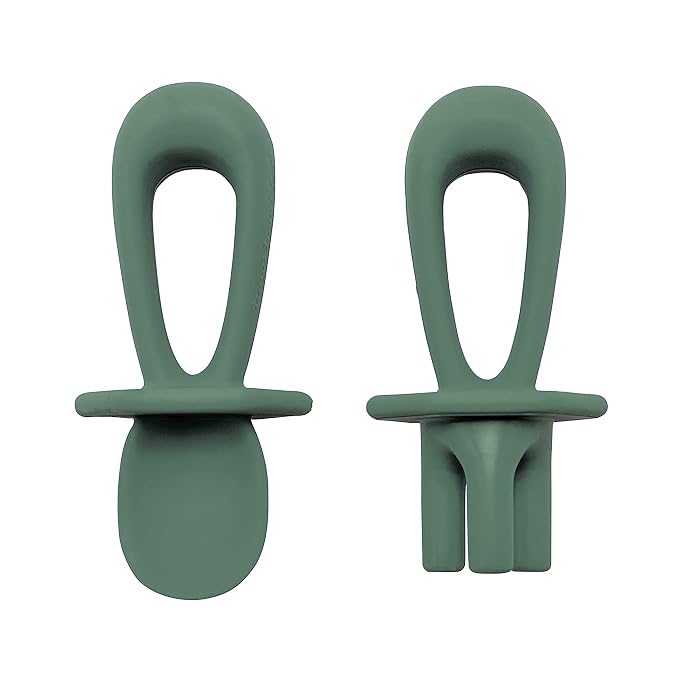 Tiny Twinkle Silicone Training Utensils - Baby Spoons and Baby Forks For Self-Feeding Training - Silicone Baby Led Weaning Utensils For Toddlers And Babies 6-24 Months - Baby Feeding Supplies (Olive)