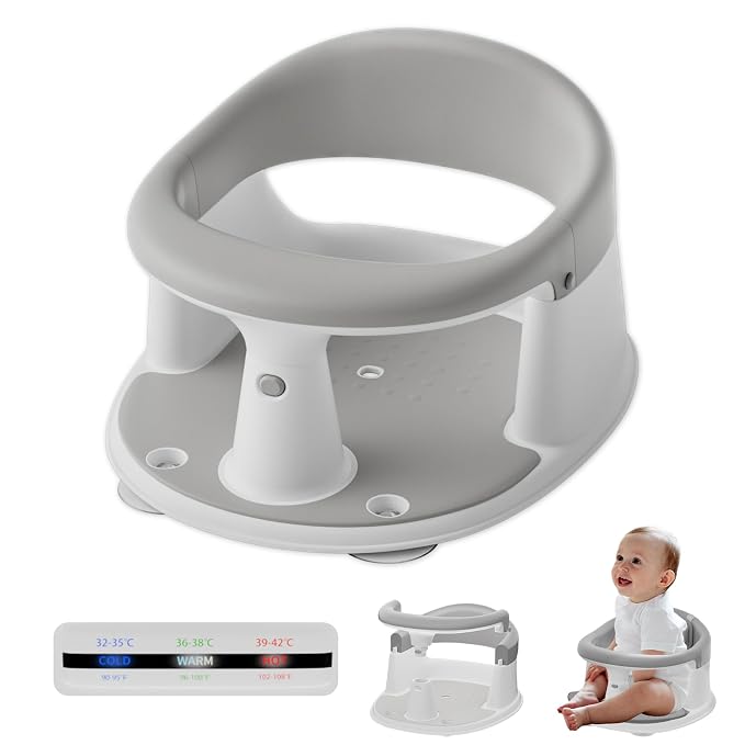 Baby Bath Seat for Babies 6 Months & Up - 360° Protection Baby Bath Chair with Temperature Alert & Cushion | Non-Slip Toddler Bathtub Seat | Newborn Infant Bath Tub Seats for Babies Sitting Up (Grey)