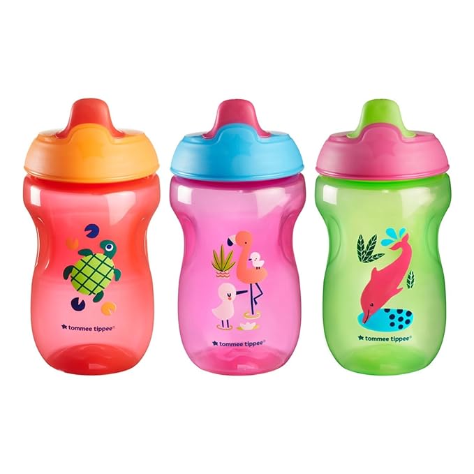 Tommee Tippee Sippee Cup, 9m+, 10oz, Pack of 3 Non-Spill Water Bottles for Toddlers, Red, Purple and Green, Bite-Resistant Spout, Easy to Hold, Leak-Proof and BPA Free