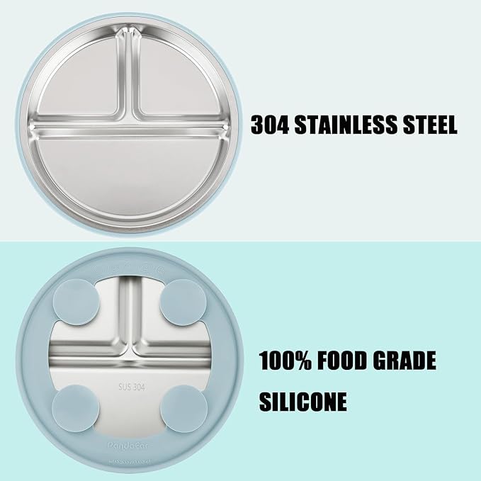 PandaEar 3 Pack Stainless Steel Baby Suction Plates, Divided Toddler Plate for Baby Led Weaning Supplies, Non-Slip Toddler Baby Feeding Set Dishwasher Safe (Pink/Purple/Blue)