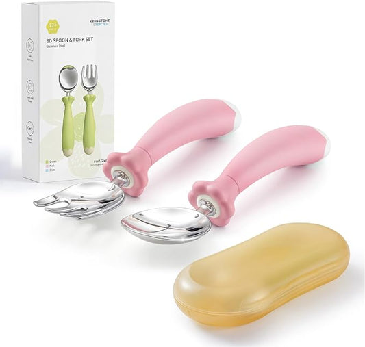 KINGSTONE Toddler Utensils with Case, Kids Silverware Set with Silicone Handles, 18/10 Stainless Steel Children Safe Forks and Spoons, Travel Carrying Cases BPA Free, Dishwasher Safe (pink)