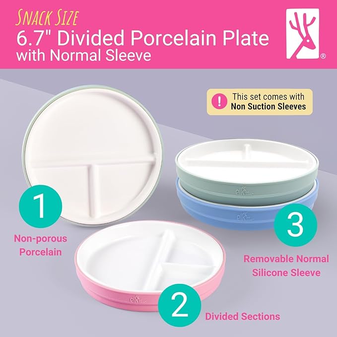 Elk and Friends Kids 6.7??Porcelain Divided Plates with Silicone Sleeves | Suitable for Babies/Kids/Toddlers | Microwave & Dishwasher Safe | Non Slip | Snack Dishes