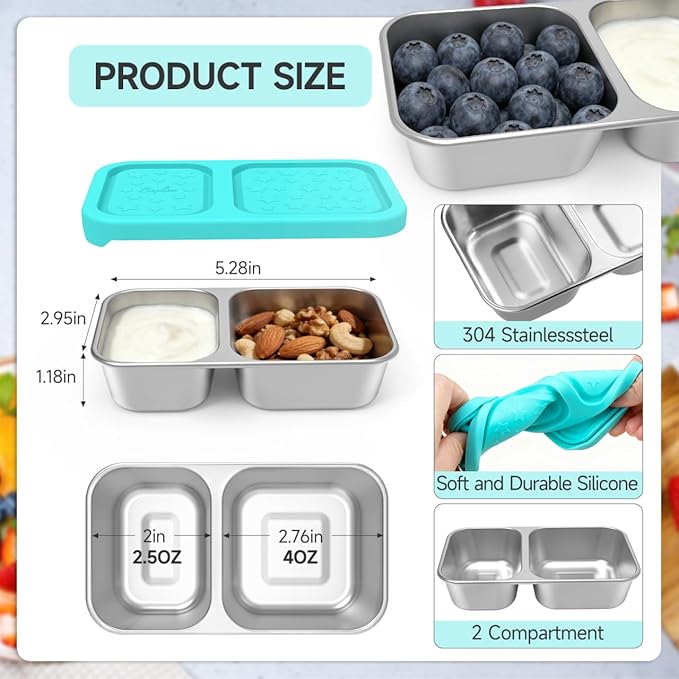 SOPHICO Stainless Steel 2 compartments Containers, Reusable Snack Containers with Silicone Lids Lunch Box for Meal Prep Food Storage On-the-Go Snacking(4 pack)