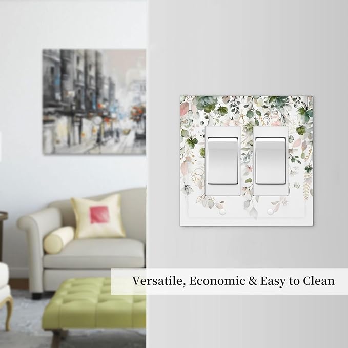 Green Pink Floral Flower Rustic Eucalyptus Leaves Wildflower Decorative Outlet Covers 2 Gang Double GFCI Rocker Electrical Wall Panels Light Switch Cover Plate for Bedroom Living Room Decor