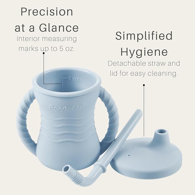 PandaEar Silicone Training Cup, 2 Pack Baby Drinking Sippy Cups with Handles & Straw for Baby and Toddler 6 Months+ (Dark Blue/Light Blue)