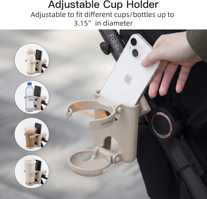 Gromast 2 in 1 Foldable Stroller Cup Holder + Phone Holder, 360°Rotatable with Adjustable Clip, Universal Cup Holder for Baby Stroller, Tricycle - Khaki