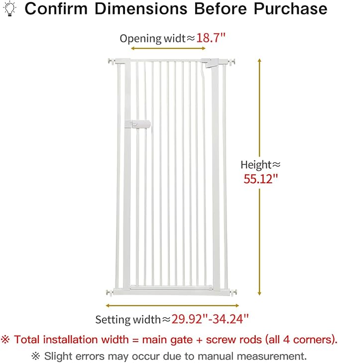Lumizone Extra Tall Cat Gate 55.12" High Pressure Mounted 29.92"-34.24" Extra Wide 1.37" Gap No Drilling Auto-Close One-Handed Operation Tall Pet Gate for Dogs(White, 55.12" H x 29.92"-34.24" W)