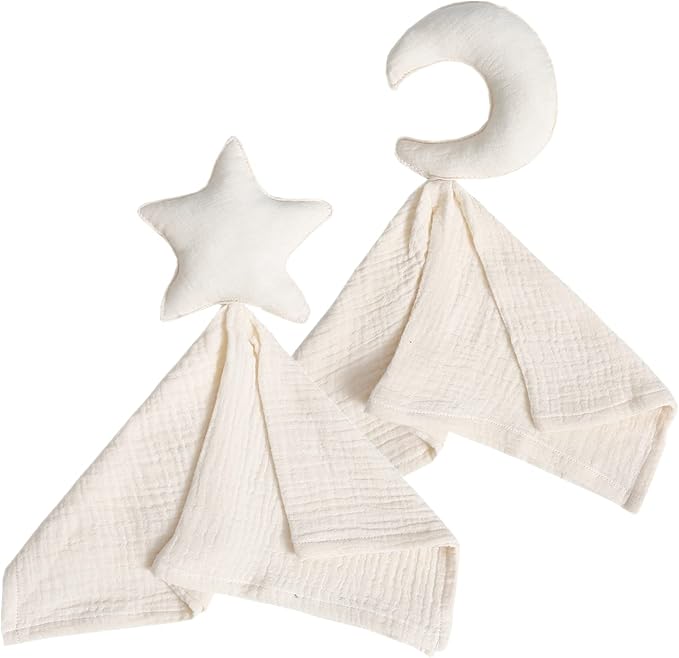 insular Baby Lovey Blanket for Boys and Girls, Organic Cotton Muslin Security Blanket for Babies, Soft Breathable Lovie Soothing Towel for Newborn and Infant, Star&Moon (Beige)
