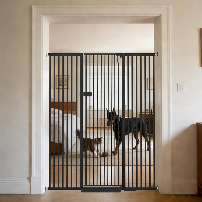 Lumizone Extra Tall Cat Gate 61.02" High Pressure Mounted 29.92"-59.44" Extra Wide 1.37" Gap No Drilling Auto-Close One-Handed Operation Tall Pet Gate for Dogs(Black, 61.02" H x 29.92"-59.44" W)
