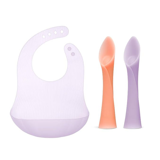 Olababy Training Spoon Set (Coral/Lilac) + Olababy Fold N Go Silicone Baby Bib w Travel Case (Lilac)