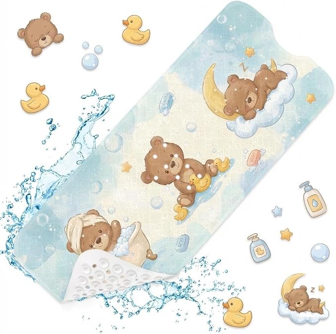 Teddy Bear Cute Bathtub Shower Mat Blue Baby Non-Slip Tub Extra Long Bath Floor 40X16 Inch Machine Washable for Bathroom Tub Bath Mat for Toddler and Baby