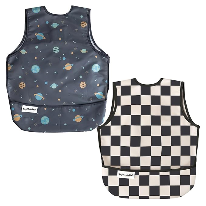 Tiny Twinkle Mess Proof Baby Bibs | 2 Pack Waterproof Toddler Bib for Eating | Baby Apron for Feeding, Machine Washable, Perfect Shower Gift (Space,Black Checkers, 6??4M)