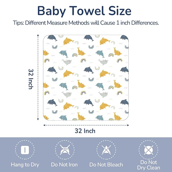 Baby Hooded Towel 2 Pack, Ultra Absorbent & Soft Muslin Baby Towel - 32 x 32 Inches, Baby Bath Towel for Newborns, Infants & Toddlers, Ideal for Bath Time, Pool & Beach