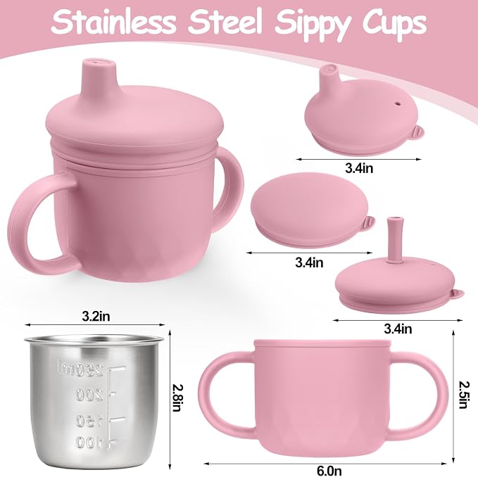 Mity rain 3-In-1 Stainless Steel Sippy Cup for 6+ Month Old, Baby Straw Cups for Toddlers 1-3 with Travel Lid, Silicone Straw, Replacement Straw & Cleaning Brush - 8oz Toddler Cups Spill Proof Set