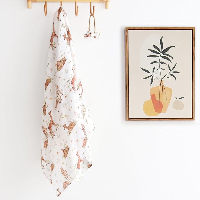 LifeTree Baby Muslin Swaddle Blankets for Boys & Girls, Newborn Swaddle Set with Matching Headband Bow, Infant Blanket Wrap, 47 x 47 inches, Deer, 70% Viscose from Bamboo and 30% Cotton