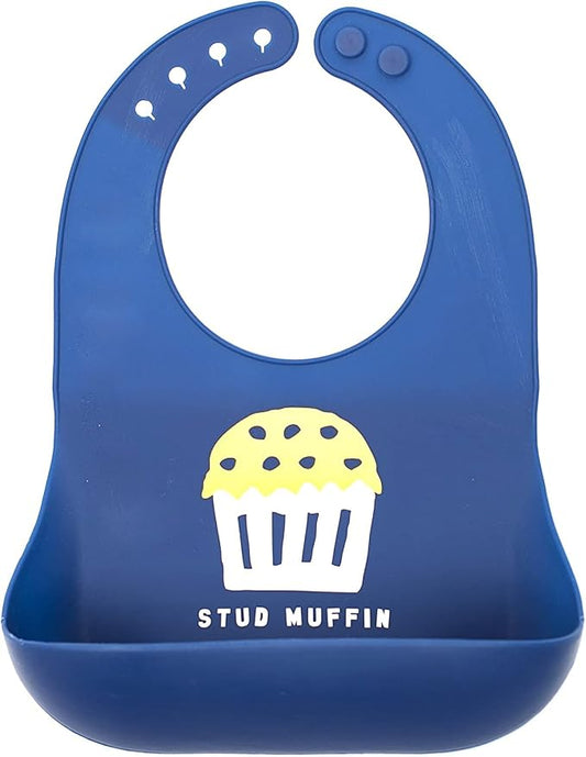 Baby Bib for Eating by Bella Tunno, Waterproof Silicone Bib with Large Food Catcher, Adjustable Fit for Babies 4-12 months & Toddlers 1-3 Years, Boys & Girls, Stud Muffin