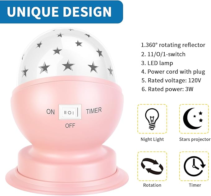 Star Night Light for Kids, 360° Rotating Starry Ceiling Projector for Kid?™s Bedroom with Timer, 3000K,Pink,1 Pack