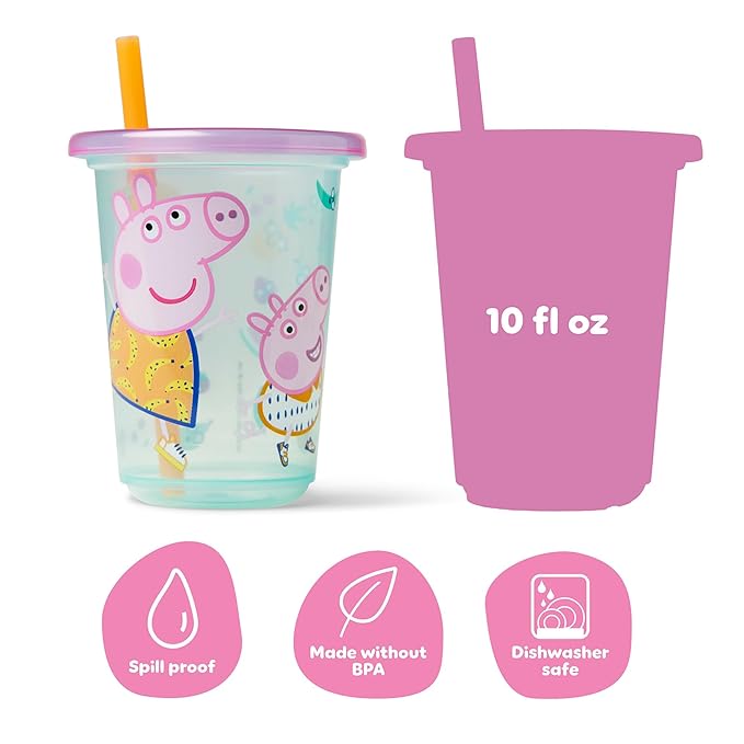 The First Years Peppa Pig Take & Toss Toddler Straw Cups - Spill Proof Toddler Sippy Cups with Snap On Lids and Straws - Peppa Pig Party and Feeding Supplies - 10 Oz - 10 Count