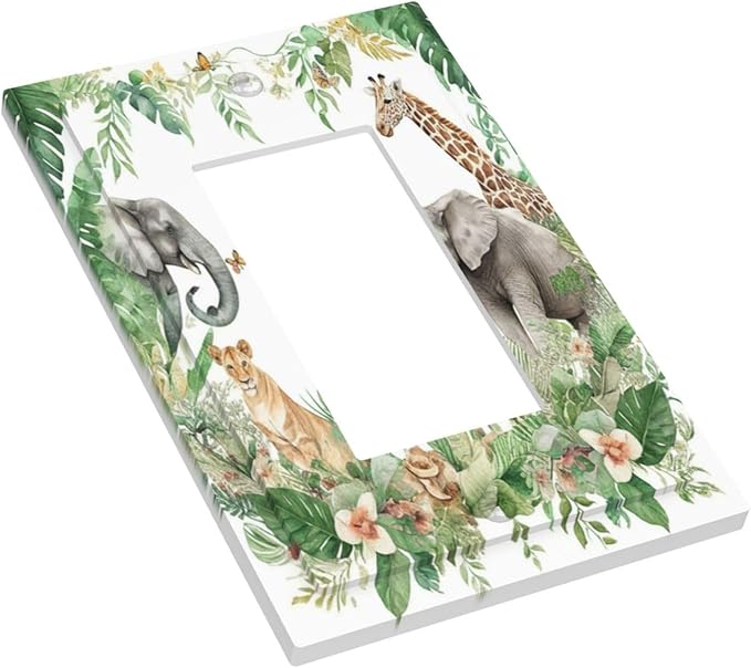 Tropical Leves Safari Animals Giraffe Elephant Zoo Decorative Outlet Covers 1 Gang Single Rocker Light Switch Cover Plate Wall Plates GFCI Faceplate for Kids Room Nursery Decor