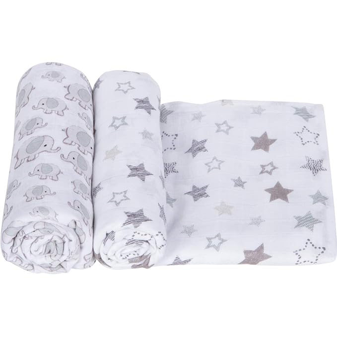 Miracle Blanket Soft Muslin Swaddles Newborn Nursery Sleep Essential - Pack of 2 Warm Wraps (Grey Elephants & Grey Stars)