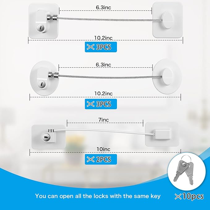 8 Pieces Refrigerator Locks with 10 Keys for Children Adults, Fridge Lock, Drawer Freezer Door Lock and Child Safety Cabinet Locks with Strong Adhesive(White)