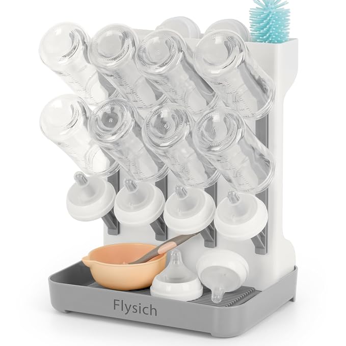 Baby Bottle Drying Rack, Space Saving Baby Bottle Organizer for Countertop, Vertical Bottle Dryer Holder with Brushes Holder, Large Bottle Storage Holder 12 Bottles & Baby Accessories Grey
