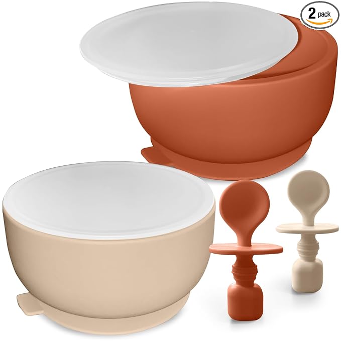 Suction Bowl with Lids and Spoons, Infant Babies & Toddler, Baby Bowls 0-6 Months, Extra Strong Baby Suction Bowls, Baby Feeding Essentials, Silicone Baby Feeding Set, BPA Free Baby Bowls