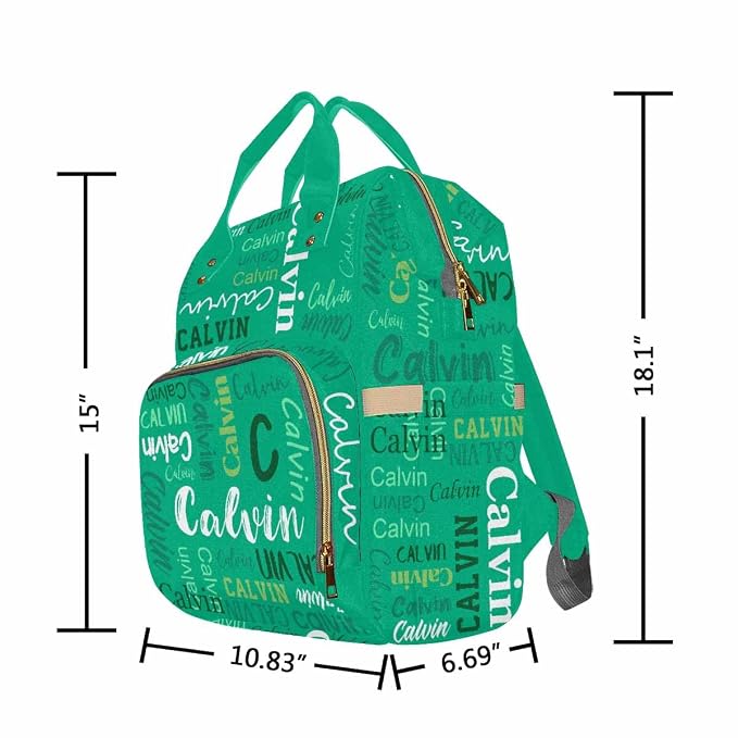 InterestPrint Custom Name Backpack, Personalized Green Funny Font Nappy Bags Customized Diapering Bag Backpack Casual Daypack Travel Shoulder Bag for Hiking Camping Work