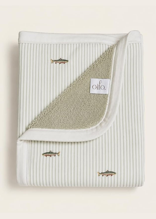 Oilo Baby Blanket, Luxury Soft Plush Chenille Backing & Organic Cotton Jersey Print, Double Layered, 30" x 40", Rolled Jersey Edge Trim, Machine Washable, Perfect for Infant or Toddlers, Trout