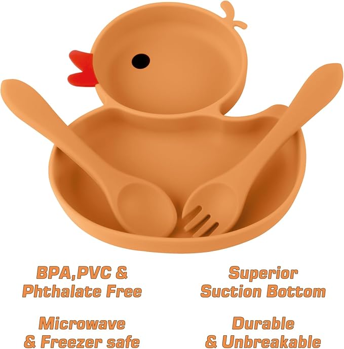 Baby Suction Plate, Silicone Toddler Plate for Kids Baby Weaning Plate Strong Suction Divided Dish with Fork Spoon, BPA Free (Orange) (Orange)