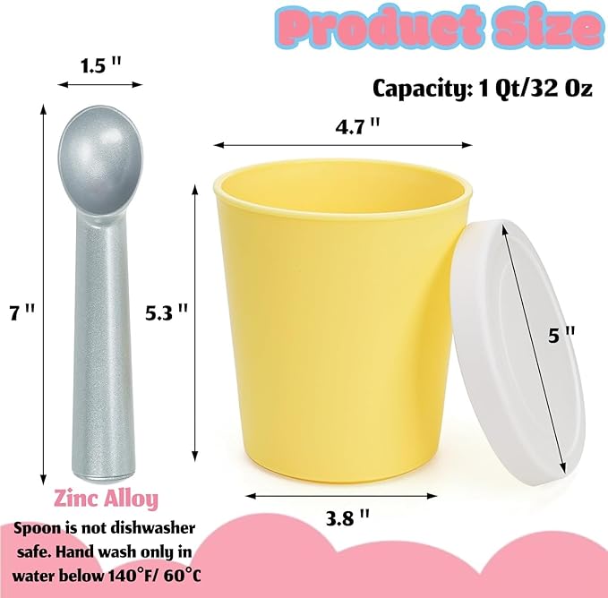4 Pack Ice Cream Containers, 1 Quart Reusable Freezer Storage Tubs with Silicone Lids Spoon, Ice Cream Pint BPA-Free Yogurt Containers for Homemade Sorbet, Dishwasher Safe