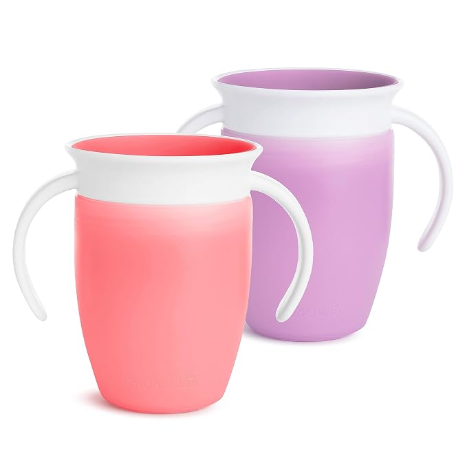 Munchkin® Miracle® 360 Trainer Sippy Cup with Handles, Spill Proof, 7 Ounce, 2 Pack, Pink/Purple & Any Angle™ Weighted Straw Trainer Cup with Click Lock™ Lid, 7 Ounce, 2 Pack, Pink/Purple