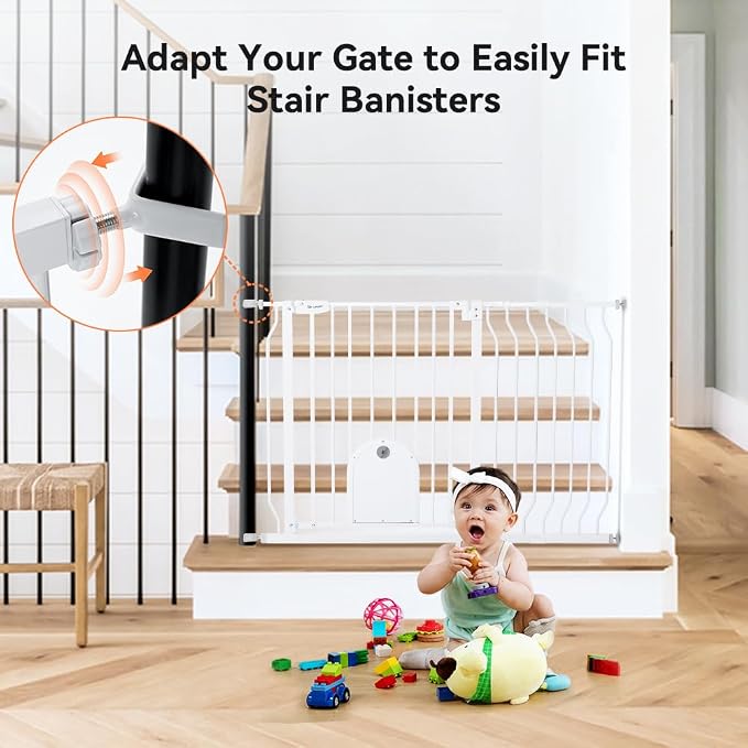 COMOMY Baby Gate with Cat Door Extra Wide 29.5-48.4 Inch 30 Inch Tall Auto Close Walk Through Pet Gate for Stairs Doorways Pressure Mounted Metal White