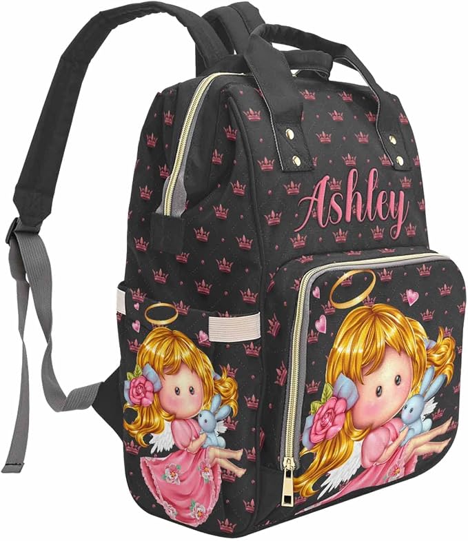 M YESCUSTOM Customized Travel Nursing Nappy Bag Pink Crown Print Shoulder Bag Waterproof Casual Daypack Travel Backpack for Mom (Black)