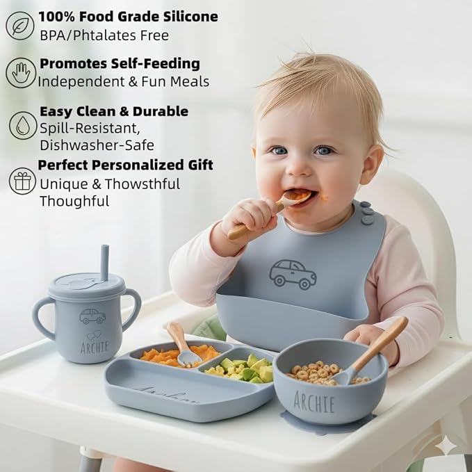 Personalized Name Food Grade 6pcs Baby Feeding Set with Spoon, Fork,Silicone Suction Bowls,Cup,Plate,and bib BPA Free - First Stage Self Feed (Color Dark Gray Y10)