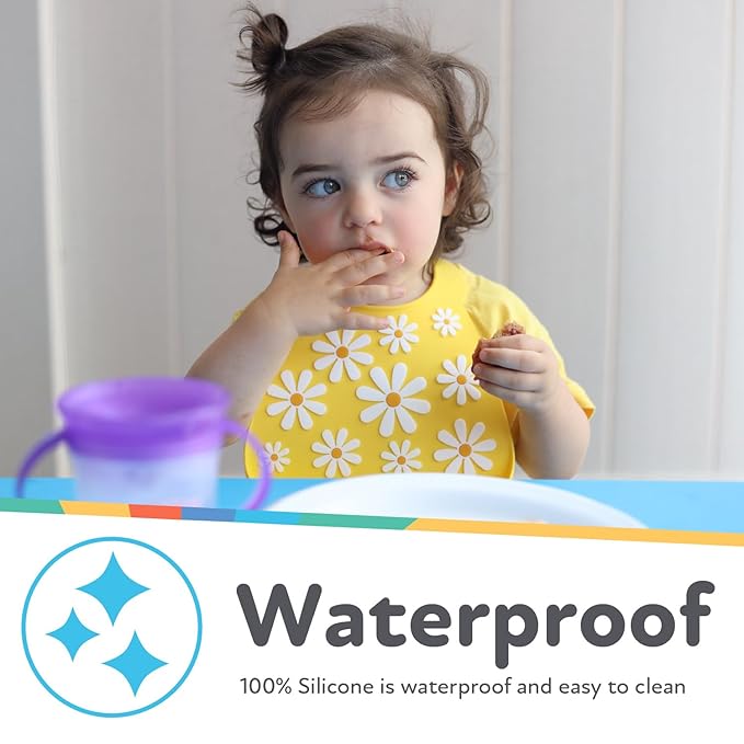 Nuby 3D Soft Silicone Baby Bib with Scoop - Silicone Bib for Toddlers and Babies 6+ Months - Yellow Daisy