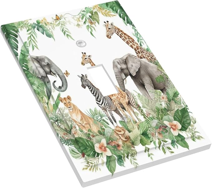 Tropical Leves Safari Animals Giraffe Elephant Zoo Decorative Light Switch Cover 1 Gang Single Toggle Device Electrical Faceplate Switchplates Decorator Outlet Wall Plate for Kids Room Nursery Decor