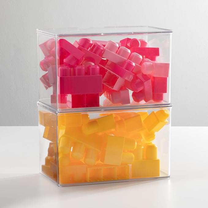 mDesign Set of 2 Storage Boxes with Lids ??Stackable Plastic Storage Boxes for Nursery ??Practical Plastic Toy Box Set ??Clear