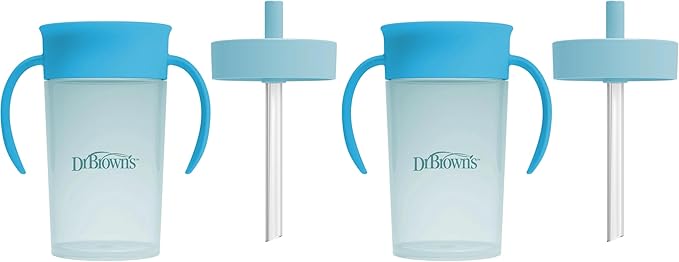 Dr. Brown's Milestones Straw to 360 Convertible Toddler Training Cup Set with Interchangeable Silicone Straw and 360 Degree Cup Lids, Blue Ocean, 10 oz/300 mL, BPA-Free, 9m+, 2-Pack