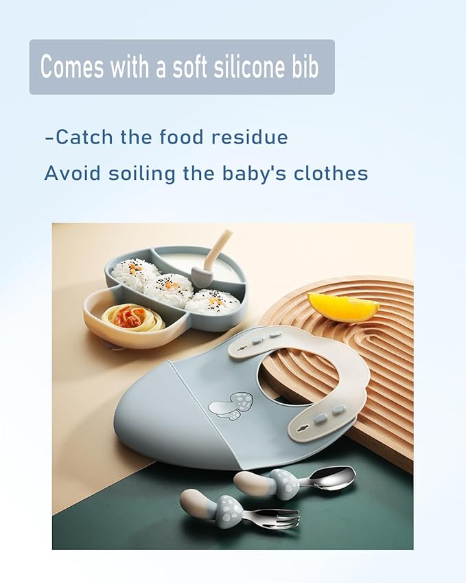 5-Piece Silicone Baby Feeding Set ??Baby Plates with Strong Suction, Toddler Plates Set, Unbreakable Food-Grade Silicone Divided Plate with Spoon, Fork, Bib & Straw Brush
