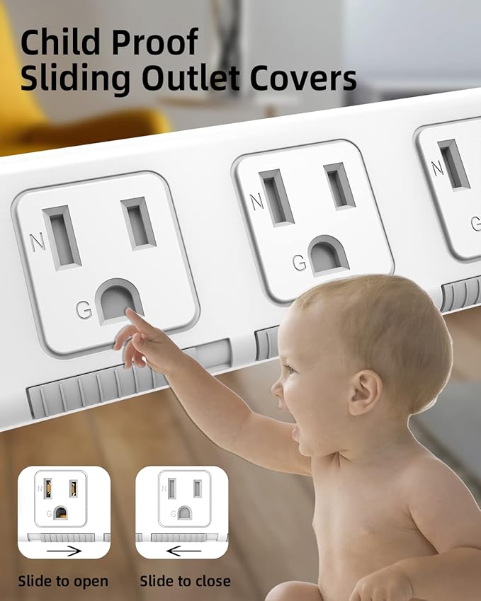 Flat Plug Power Strip Surge Protector 3 Outlets, Extension Cord 3 ft 3 Prong, 300J, 10A/1250W, Overload Protection Switch, Plug Strip for Home Office, Child Safety Slide Outlet Covers, SGS Approved