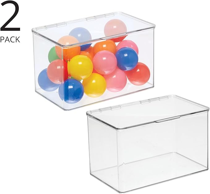 mDesign Set of 2 Storage Boxes with Lids ??Stackable Plastic Storage Boxes for Nursery ??Practical Plastic Toy Box Set ??Clear