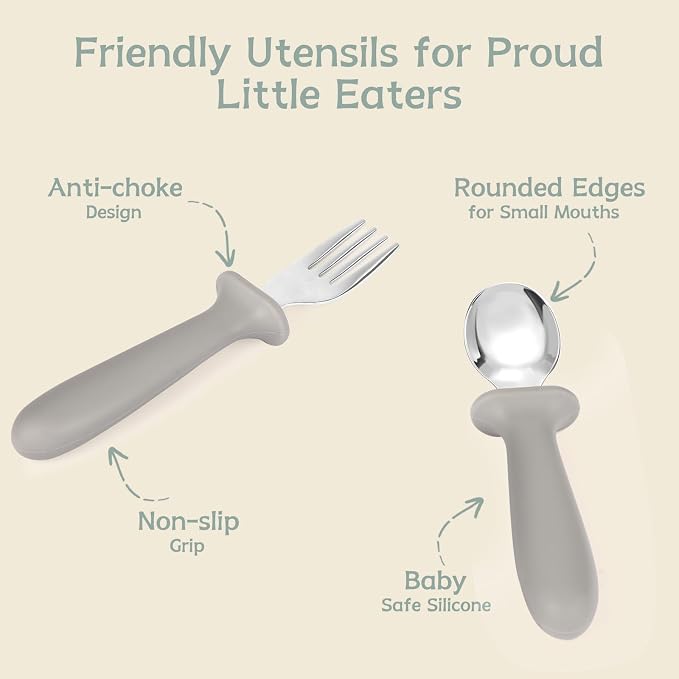Eascrozn Toddler Utensils, 2 Pack Silicone Divided Suction Plates for Baby, 2 Pack Toddler Forks and Spoons Set, BPA Free, Baby Led Weaning Feeding Supplies, Microwave and Dishwasher Safe