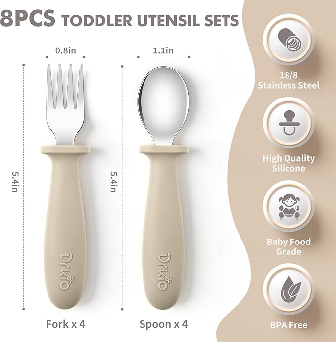 DRKIO 8 Pieces Toddler Utensils Set - Kids Silverware Set with Silicone Handle Children Safe 18/8 Stainless Steel Forks and Spoons Anti-Choke Design Food Grade Dishwasher Safe