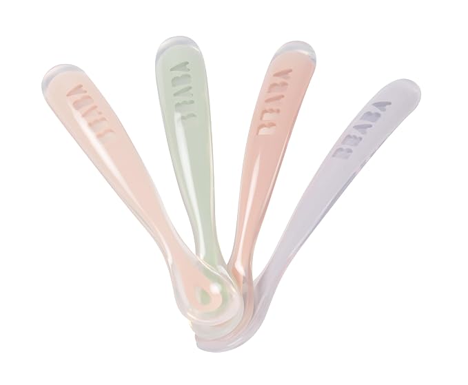 BEABA First Stage Baby Feeding Spoon Set, The Original Soft Tip Silicone Spoons for Babies, Gum Friendly BPA Lead Phthalate and Plastic Free, Great Gift Set (4 Pack), Rose