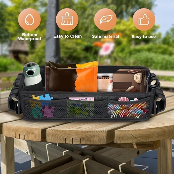 Stroller Snack Tray Compatible with Wonderfold Wagon, Thickened Waterproof Faux Leather Wagon Accessories, Comes with Cup Holder and Storage Net Bag Universal Stroller (（W2 Series Thickenedï¼?
