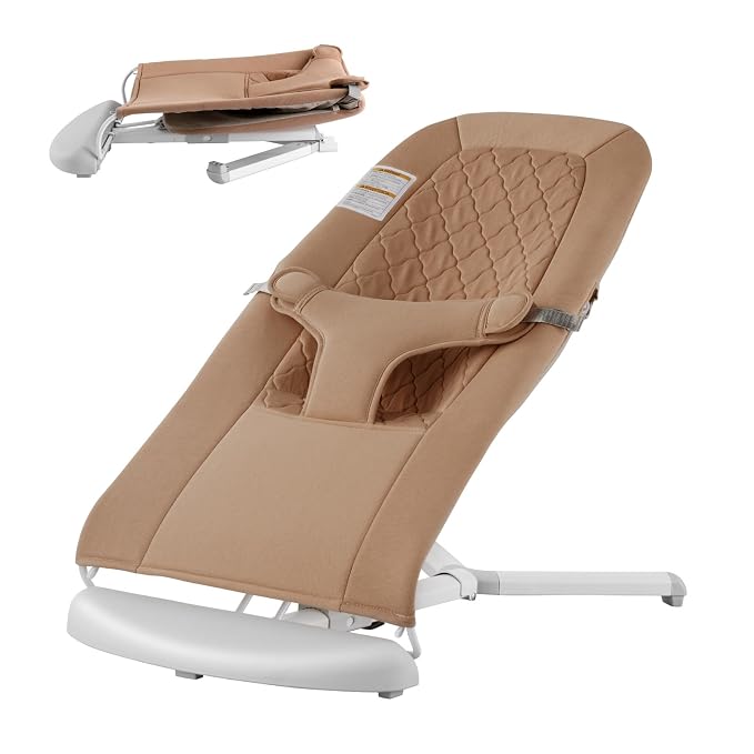 VEVOR Baby Bouncer, Folding Bouncer Seat for Babies 0-9 Months, Newborn Bouncer Chair with 2 Reclining Angles & 3-Point Harness, Portable Infant Rocker with Carrying Bag for Indoors Outdoors, Camel